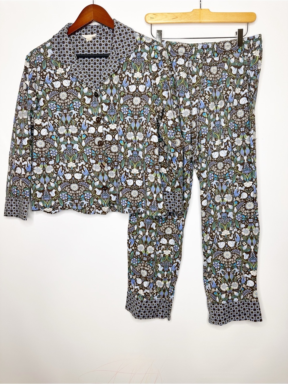 Vera Bradley Notch Collar Pajama Set - Blue & Green 100% Cotton Large